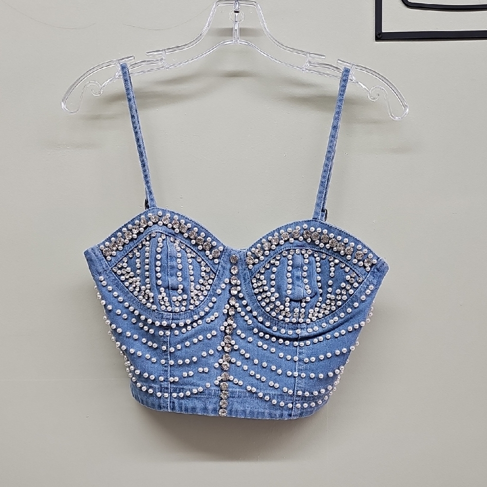 Embellished Denim Bustier Top S